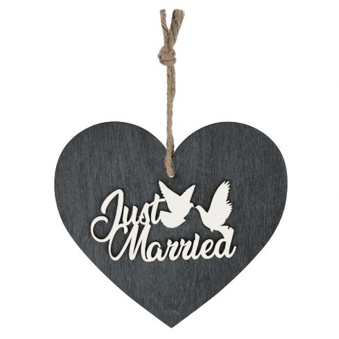 Graues 3D-Holzherz "Just Married"